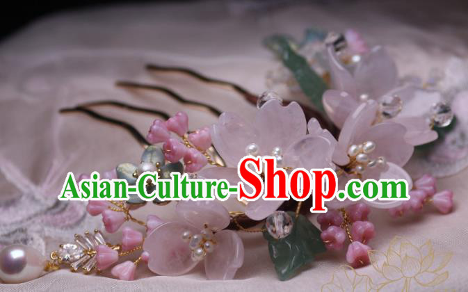 Chinese Handmade Sakura Hair Comb Traditional Ancient Princess Rose Quartz Hairpin Headwear
