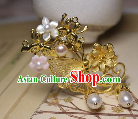 Chinese Handmade Golden Butterfly Hair Stick Traditional Ancient Princess Shell Flower Hairpin