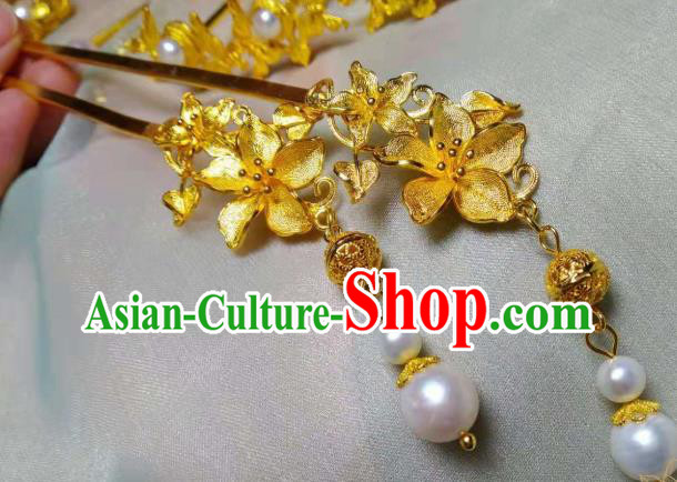 Chinese Handmade Golden Flowers Tassel Hair Stick Traditional Ancient Princess Pearls Hairpin