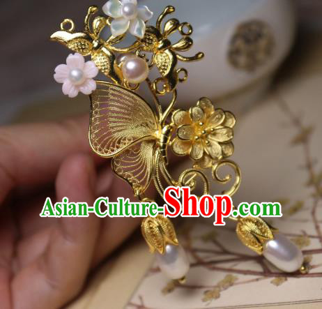 Chinese Handmade Golden Butterfly Hair Stick Traditional Ancient Princess Shell Flower Hairpin