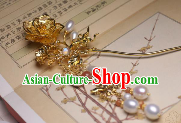 Chinese Handmade Pearls Tassel Hair Stick Traditional Ancient Princess Golden Peach Blossom Hairpin