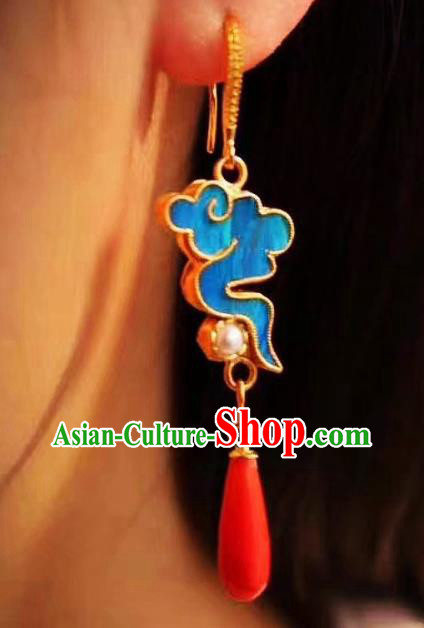 China Traditional Cheongsam Blue Cloud Earrings Classical Pearl Agate Ear Jewelry