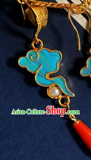 China Traditional Cheongsam Blue Cloud Earrings Classical Pearl Agate Ear Jewelry