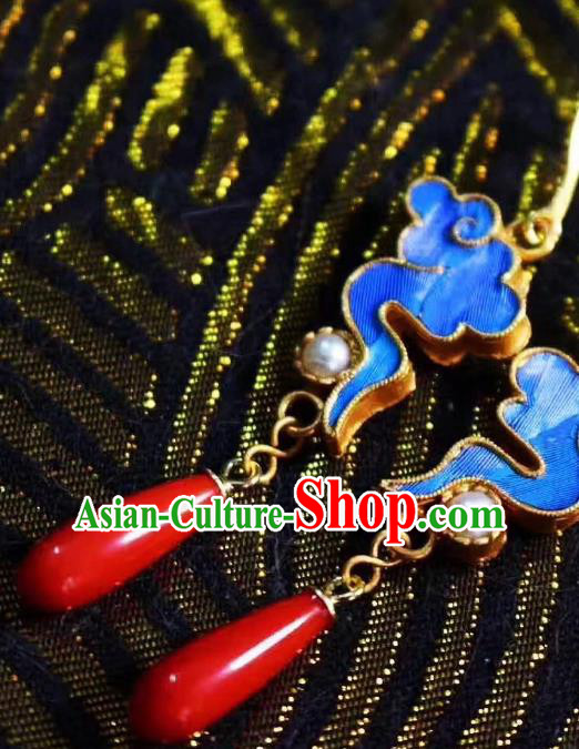 China Traditional Cheongsam Blue Cloud Earrings Classical Pearl Agate Ear Jewelry