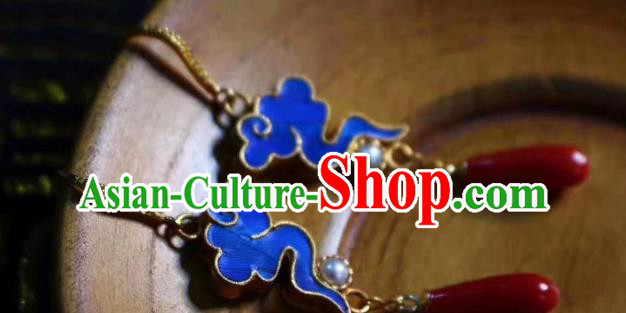 China Traditional Cheongsam Blue Cloud Earrings Classical Pearl Agate Ear Jewelry