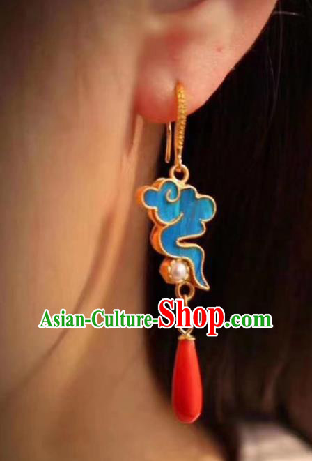 China Traditional Cheongsam Blue Cloud Earrings Classical Pearl Agate Ear Jewelry