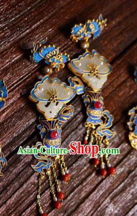 China Classical Red Beads Tassel Ear Jewelry Traditional Cheongsam Jade Flower Earrings