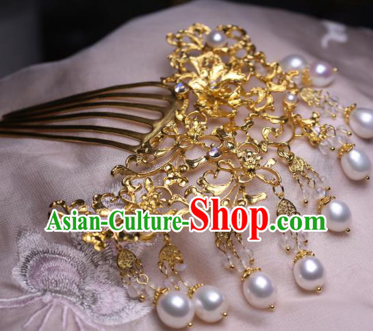 Chinese Handmade Tang Dynasty Queen Hair Comb Traditional Ancient Empress Pearls Hairpin