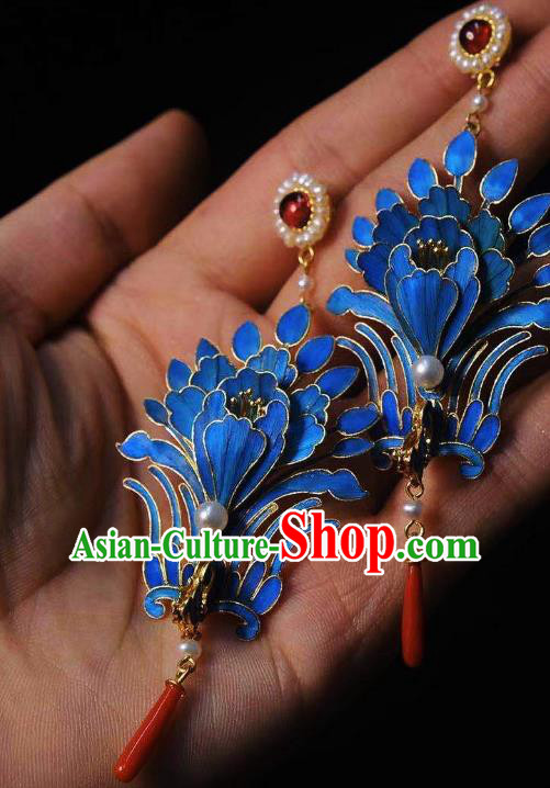 China Classical Pearls Tourmaline Ear Jewelry Traditional Cheongsam Blueing Phoenix Earrings