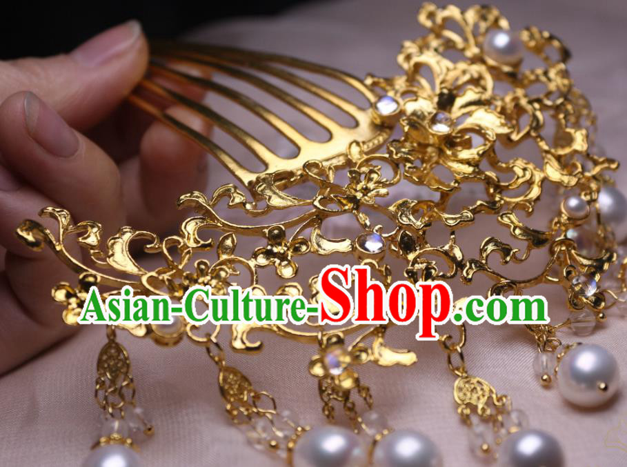 Chinese Handmade Tang Dynasty Queen Hair Comb Traditional Ancient Empress Pearls Hairpin