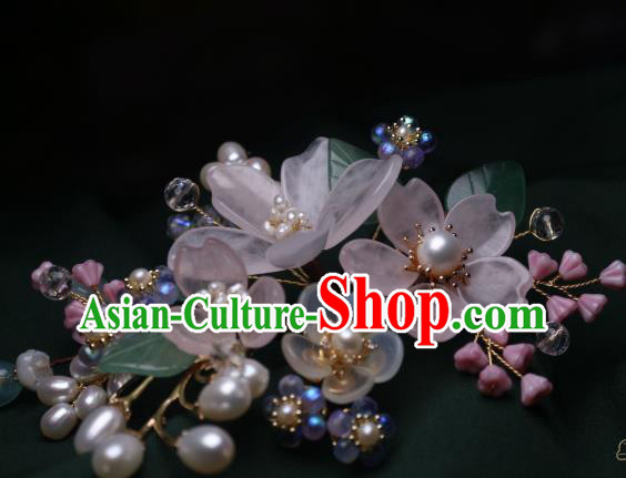 Chinese Handmade Ming Dynasty Pearls Hair Stick Traditional Ancient Princess Pink Begonia Hairpin