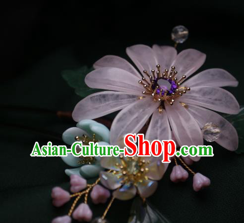 Chinese Handmade Amethyst Hair Stick Traditional Ancient Princess Pink Chrysanthemum Hairpin Headpiece