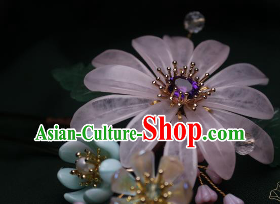 Chinese Handmade Amethyst Hair Stick Traditional Ancient Princess Pink Chrysanthemum Hairpin Headpiece