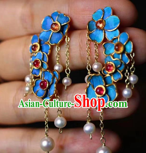 China Classical Tourmaline Ear Jewelry Traditional Cheongsam Pearls Tassel Earrings