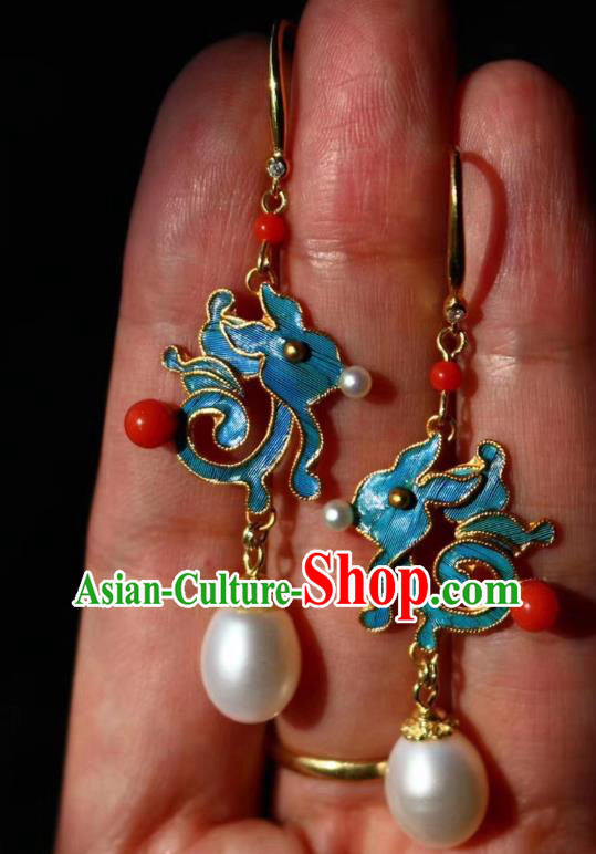 China Classical Pearl Ear Jewelry Traditional Cheongsam Blue Rabbit Earrings
