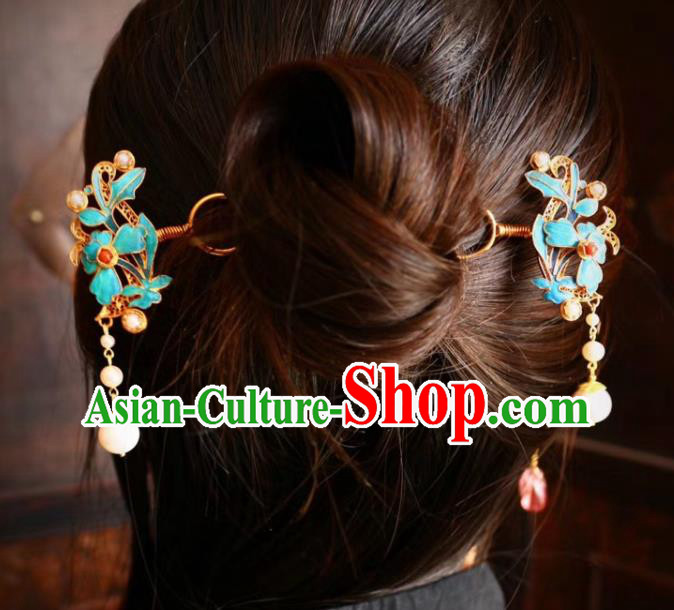 Chinese Handmade Pearls Tassel Hair Stick Traditional Ancient Qing Dynasty Filigree Golden Hairpin