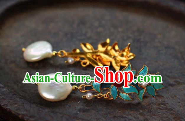 China Classical Bamboo Leaf Ear Jewelry Traditional Cheongsam Tourmaline Pearl Earrings