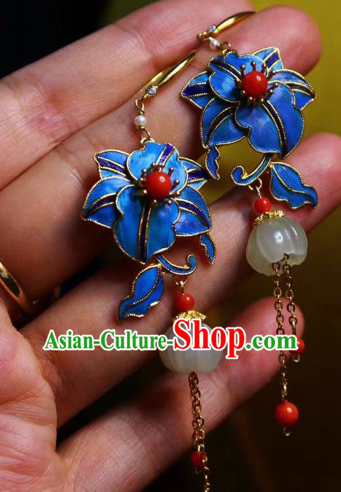 China Classical Jade Ear Jewelry Traditional Cheongsam Blueing Flower Tassel Earrings