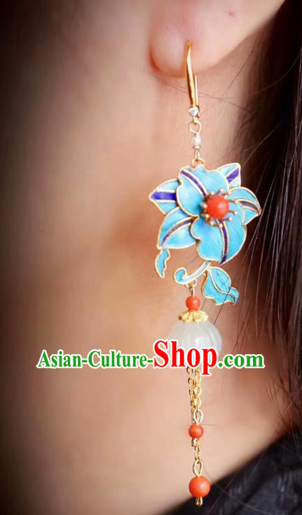 China Classical Jade Ear Jewelry Traditional Cheongsam Blueing Flower Tassel Earrings