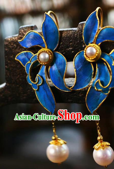 China Classical Qing Dynasty Orchid Ear Jewelry Traditional Cheongsam Pearls Earrings