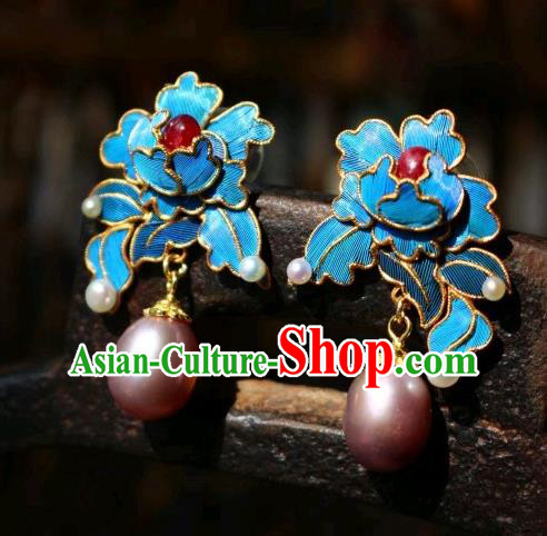 China Classical Tourmaline Pearl Ear Jewelry Traditional Cheongsam Blue Peony Earrings