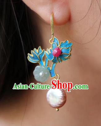 China Classical Pearl Ear Jewelry Traditional Cheongsam Tourmaline Jade Earrings