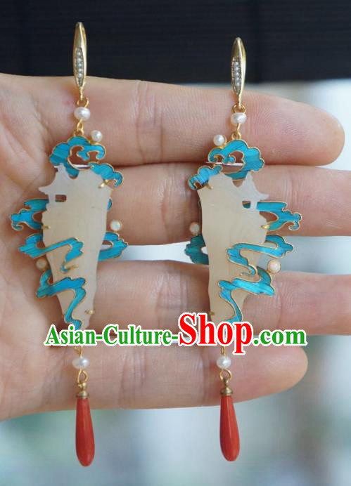 Chinese Ancient Court Lady Blueing Cloud Ear Accessories Traditional Jewelry Qing Dynasty Empress Jade Earrings