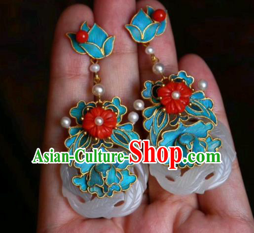 China Classical Jade Ear Jewelry Traditional Cheongsam Coral Beads Pearl Earrings