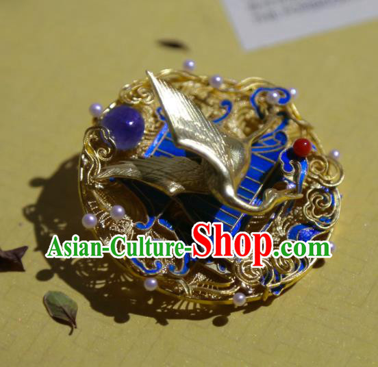 China Handmade Golden Crane Brooch Accessories Traditional Ancient Qing Dynasty Filigree Jewelry