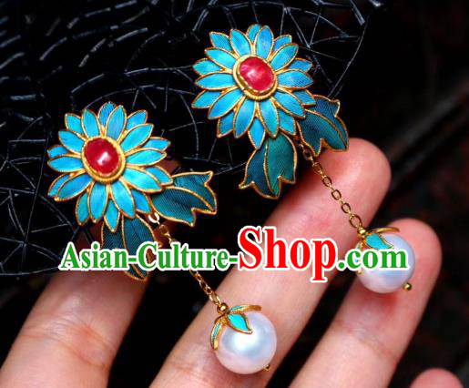 China Classical Ruby Ear Jewelry Traditional Cheongsam Cloisonne Chrysanthemum Earrings