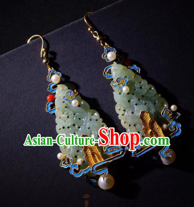 Chinese Qing Dynasty Empress Earrings Ancient Court Lady Blueing Ear Accessories Traditional Jade Jewelry