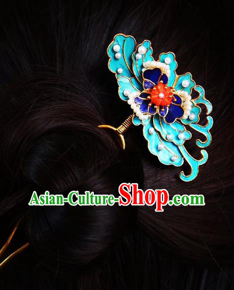 Chinese Handmade Blueing Pearls Hair Stick Traditional Ancient Qing Dynasty Court Hairpin