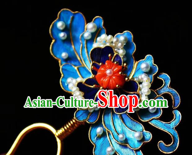 Chinese Handmade Blueing Pearls Hair Stick Traditional Ancient Qing Dynasty Court Hairpin