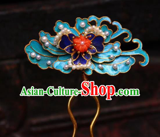 Chinese Handmade Blueing Pearls Hair Stick Traditional Ancient Qing Dynasty Court Hairpin