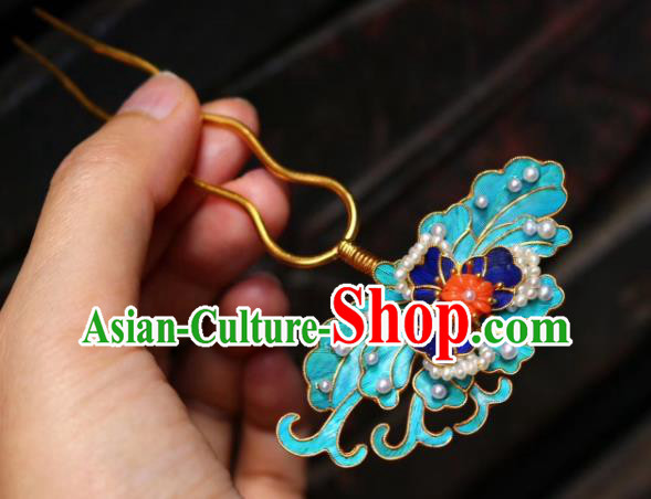 Chinese Handmade Blueing Pearls Hair Stick Traditional Ancient Qing Dynasty Court Hairpin