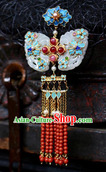 China Handmade Jade Brooch Jewelry Traditional Qing Dynasty Red Beads Tassel Pendant Accessories