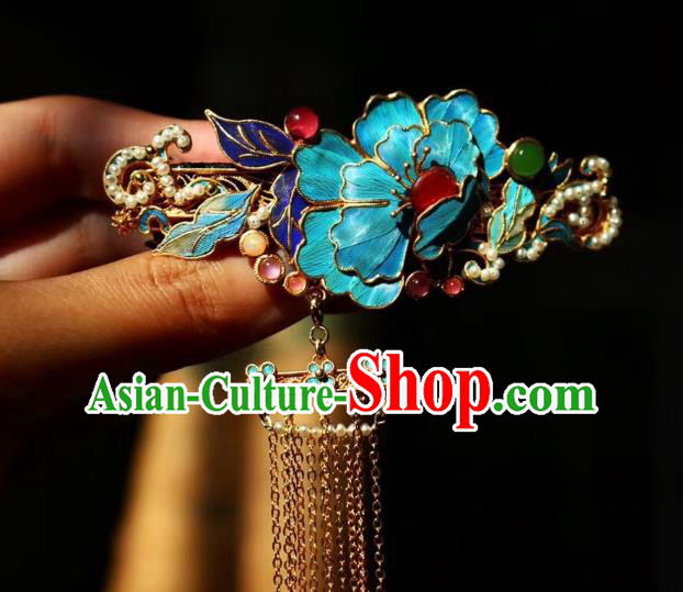 Chinese Handmade Blueing Peony Hair Stick Traditional Ancient Qing Dynasty Imperial Consort Golden Tassel Hairpin