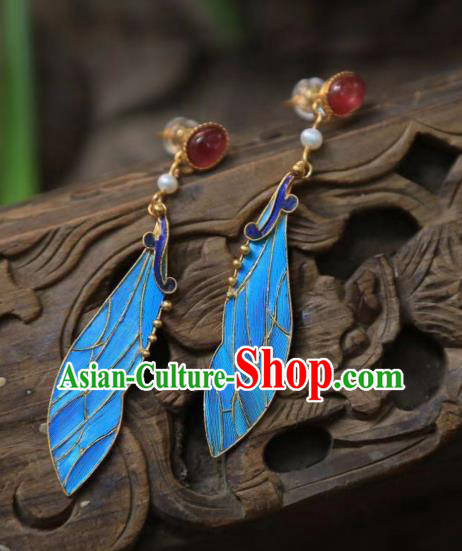 Chinese Qing Dynasty Palace Blueing Feather Earrings Traditional Jewelry Ancient Empress Tourmaline Ear Accessories