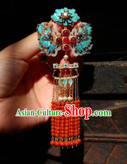 China Handmade Tourmaline Brooch Jewelry Traditional Qing Dynasty Court Jade Accessories Red Beads Tassel Pendant