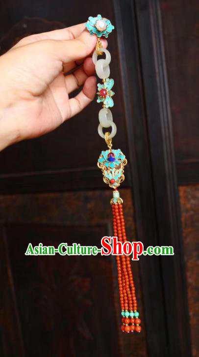 China Handmade White Jade Brooch Jewelry Traditional Qing Dynasty Court Bluieing Accessories Tassel Pendant
