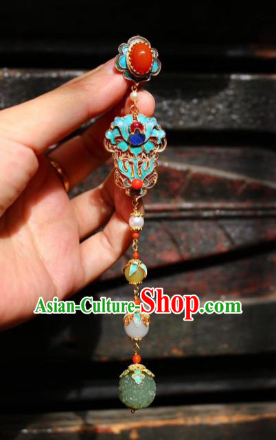 China Handmade Jade Tassel Brooch Jewelry Traditional Qing Dynasty Blueing Pendant Agate Accessories