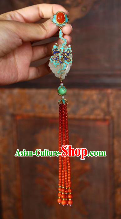 China Handmade Blueing Brooch Jewelry Traditional Qing Dynasty Red Beads Tassel Pendant Jade Accessories