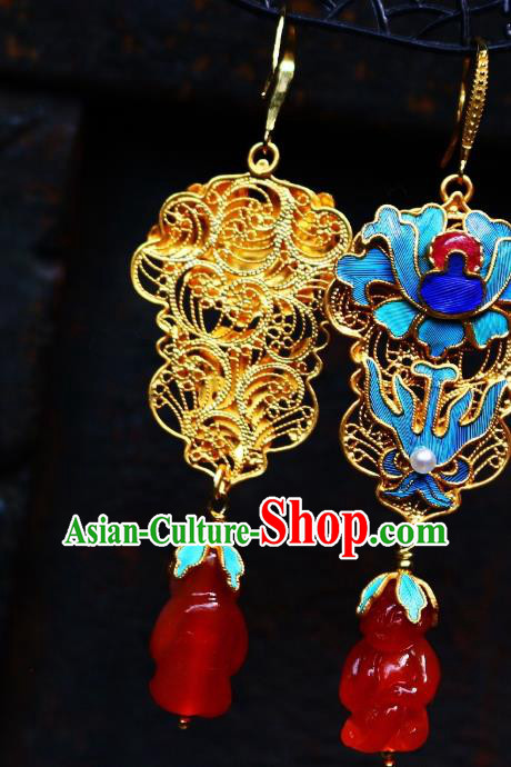 China Classical Qing Dynasty Blueing Agate Ear Jewelry Traditional Cheongsam Earrings