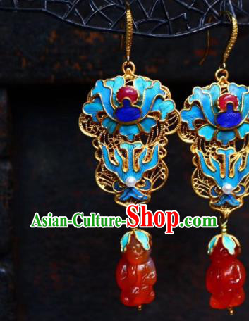 China Classical Qing Dynasty Blueing Agate Ear Jewelry Traditional Cheongsam Earrings