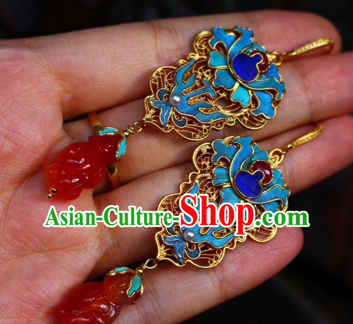 China Classical Qing Dynasty Blueing Agate Ear Jewelry Traditional Cheongsam Earrings