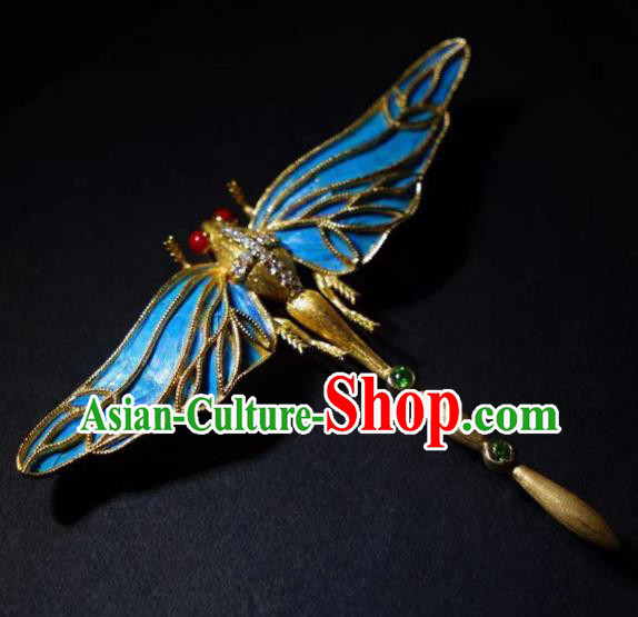 China Traditional Qing Dynasty Emerald Jewelry Handmade Ancient Court Blueing Dragonfly Brooch Accessories