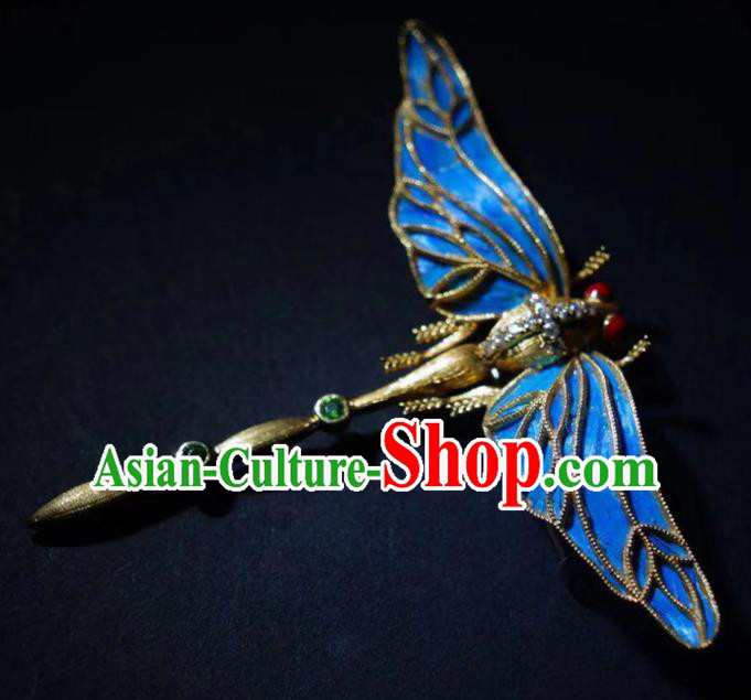 China Traditional Qing Dynasty Emerald Jewelry Handmade Ancient Court Blueing Dragonfly Brooch Accessories