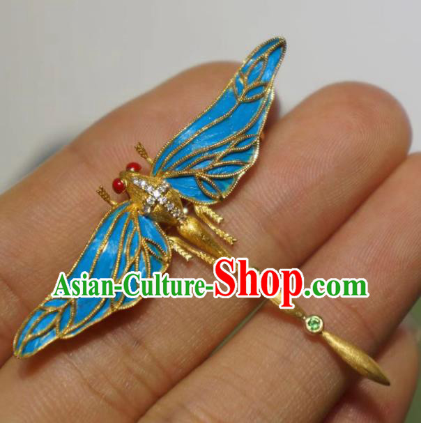 China Traditional Qing Dynasty Emerald Jewelry Handmade Ancient Court Blueing Dragonfly Brooch Accessories