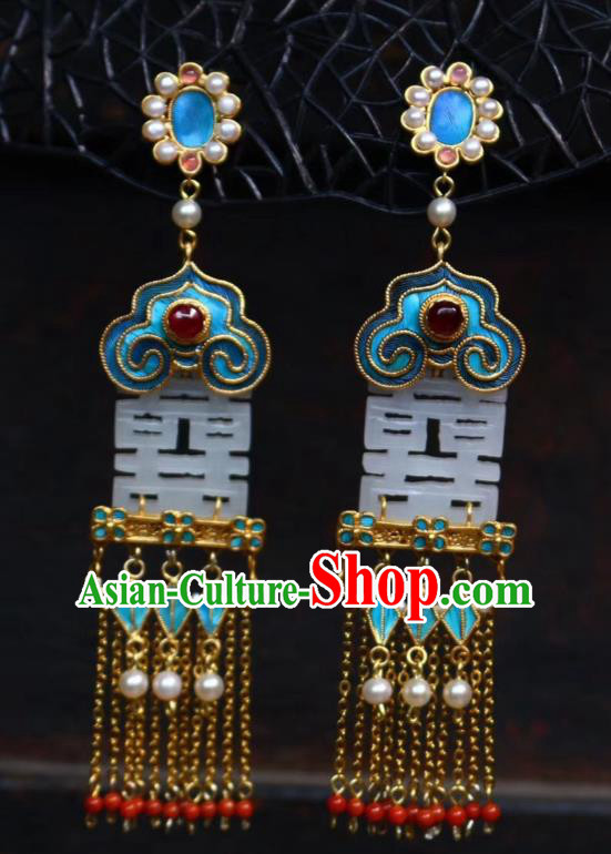 China Classical Garnet Tassel Ear Jewelry Traditional Wedding Cheongsam Jade Earrings