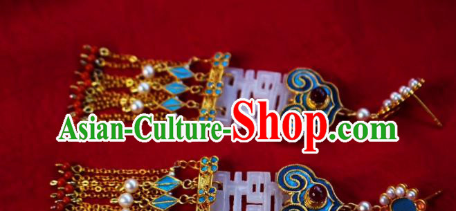 China Classical Garnet Tassel Ear Jewelry Traditional Wedding Cheongsam Jade Earrings